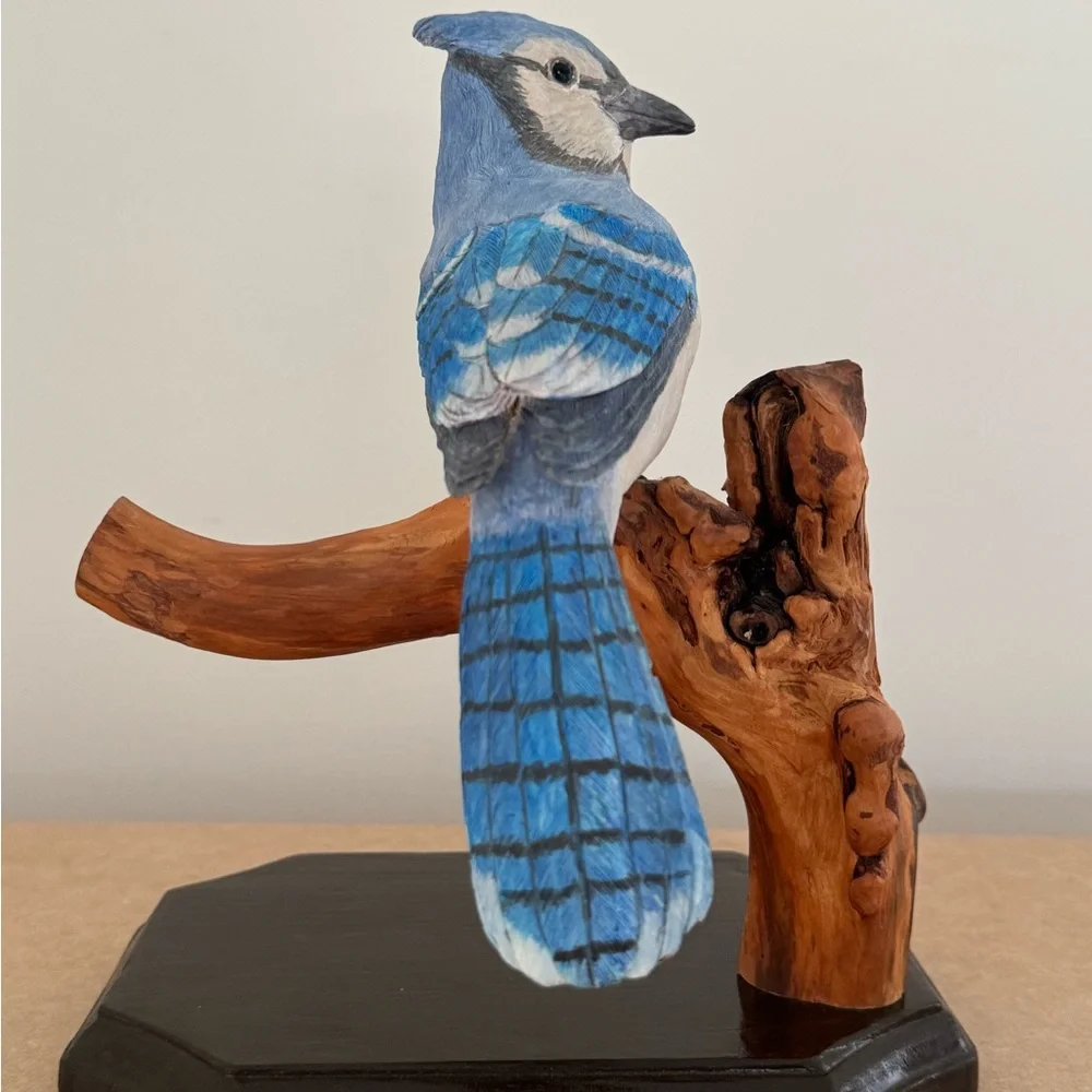 Source Unknown Hand-Painted Blue and White Jay Figurine on Wood Perch